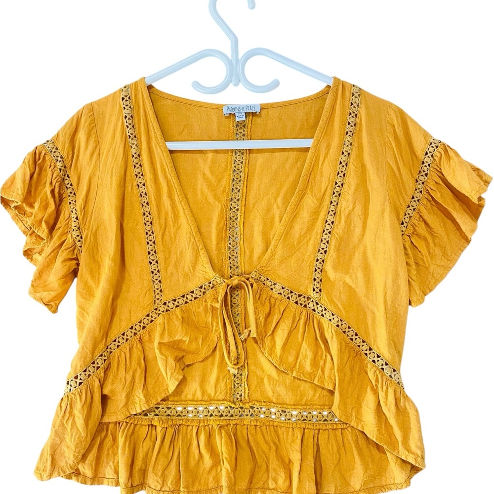 Patrons of Peace Mustard Yellow Boho Peasant Top XS Ruffle Hem Tie Front Blouse